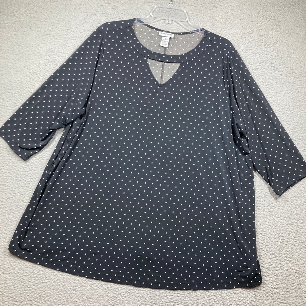 Catherines Polka Dot Top Women 1X Black White Keyhole Neck 3/4 Sleeve‎ Knit